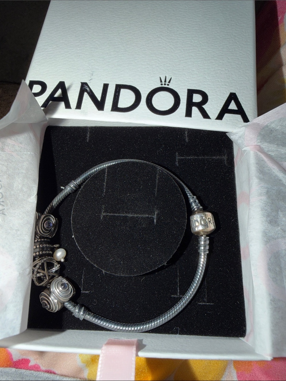 Black Pandora Bracelet With 4 Retired Pandora Charms